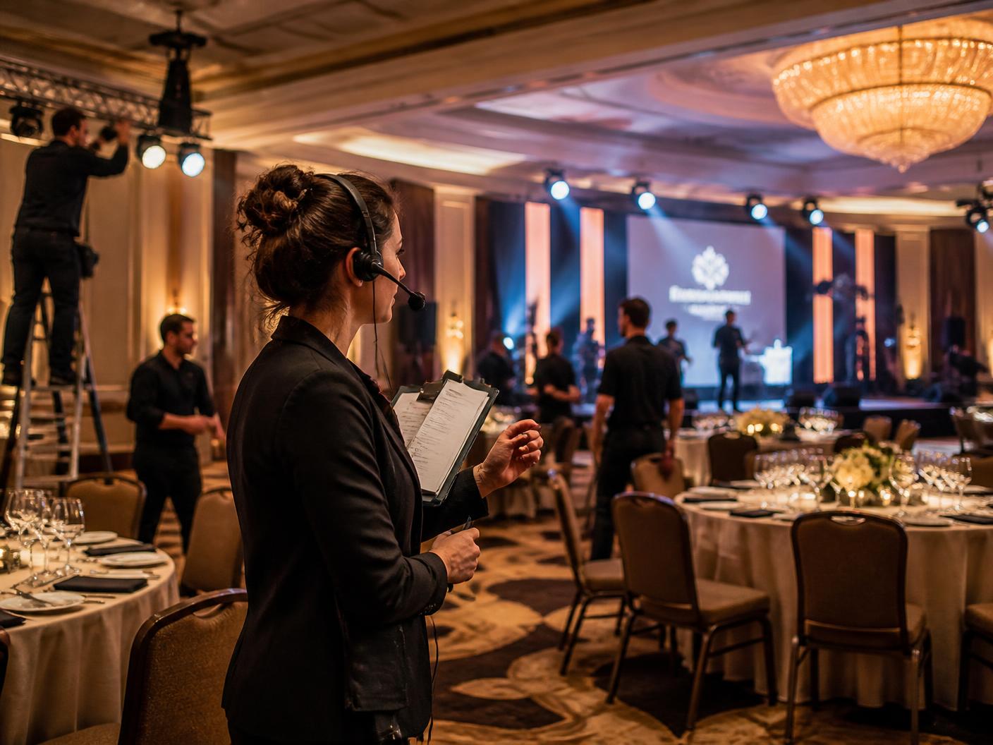 Event manager with a headset directing setup in a ballroom before doors open