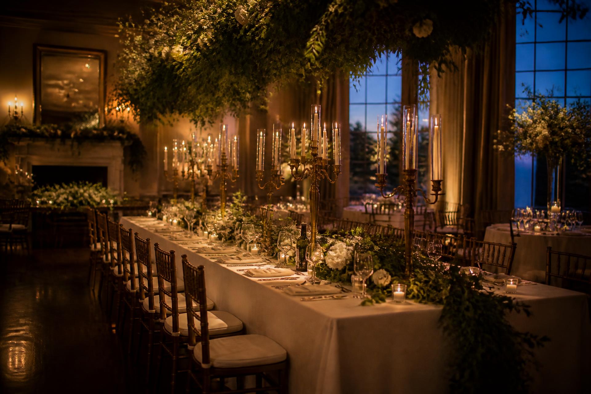 Candlelit banquet table set for an evening reception